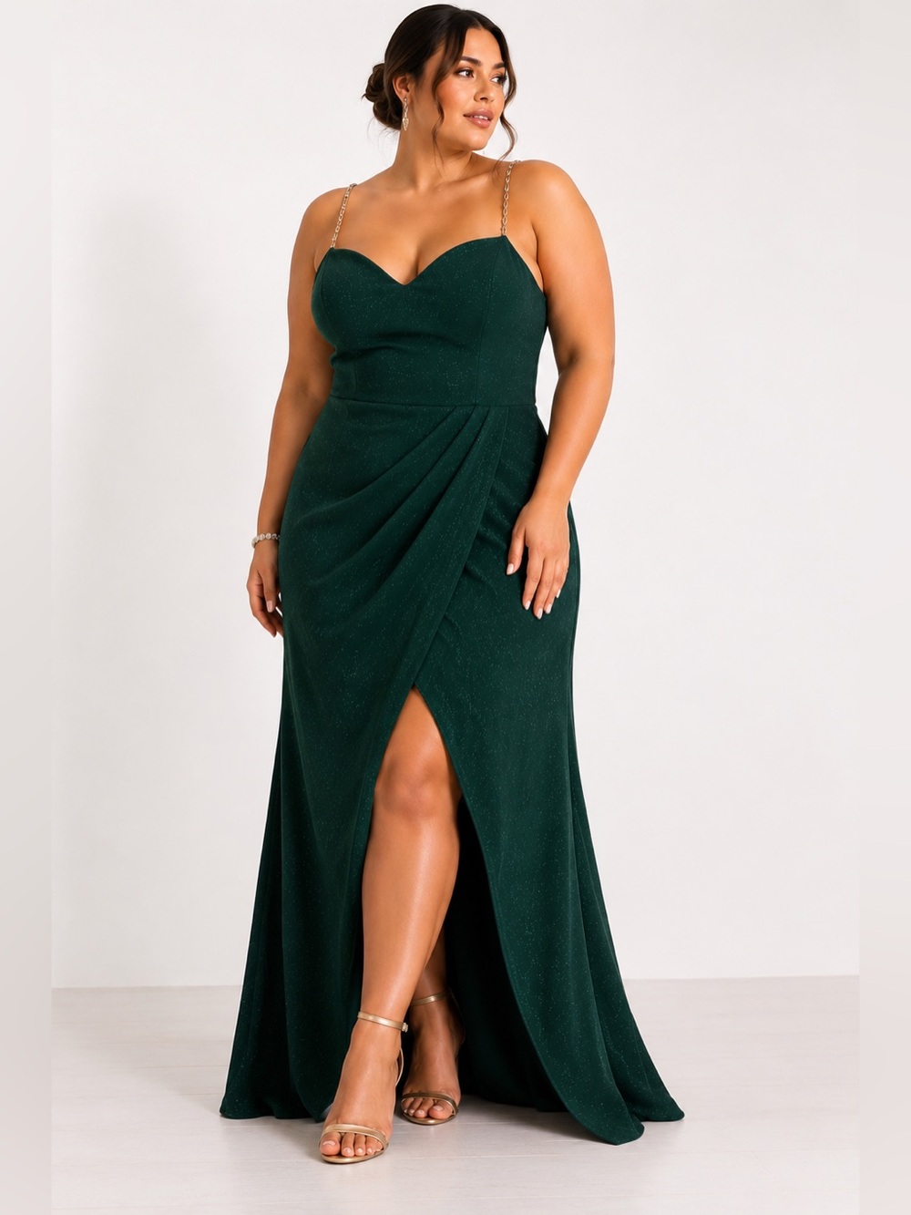 VFSHOW Emerald Green Glitter Maxi Formal Dress XXL Rhinestone Straps